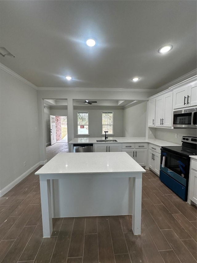 kitchen with white cabinets, ceiling fan, sink, and stainless steel appliances