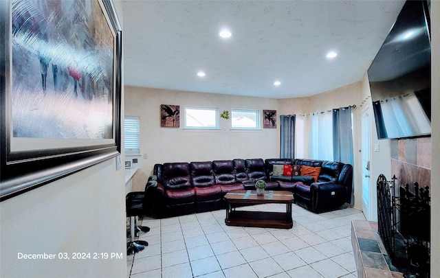 living room featuring light tile patterned floors