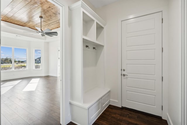 mudroom with dark hardwood / wood-style flooring, ceiling fan, and wooden ceiling