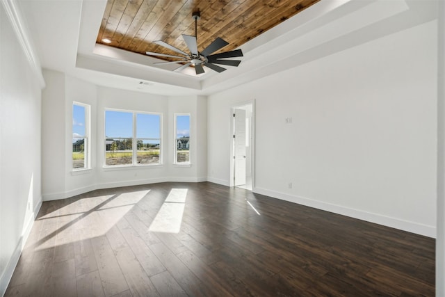 empty room with a tray ceiling, ceiling fan, dark hardwood / wood-style flooring, and wood ceiling