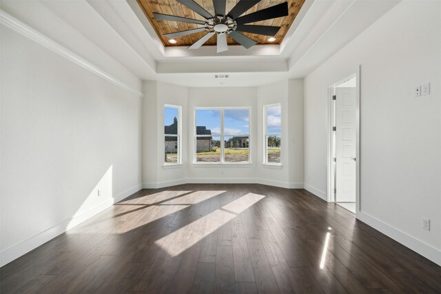 spare room featuring a tray ceiling, ceiling fan, and dark wood-type flooring