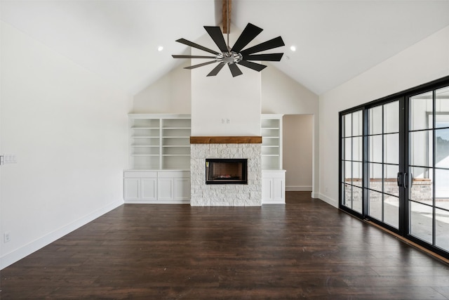 unfurnished living room with a fireplace, dark hardwood / wood-style flooring, high vaulted ceiling, and ceiling fan