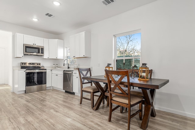 kitchen featuring white cabinetry, sink, light hardwood / wood-style floors, and appliances with stainless steel finishes