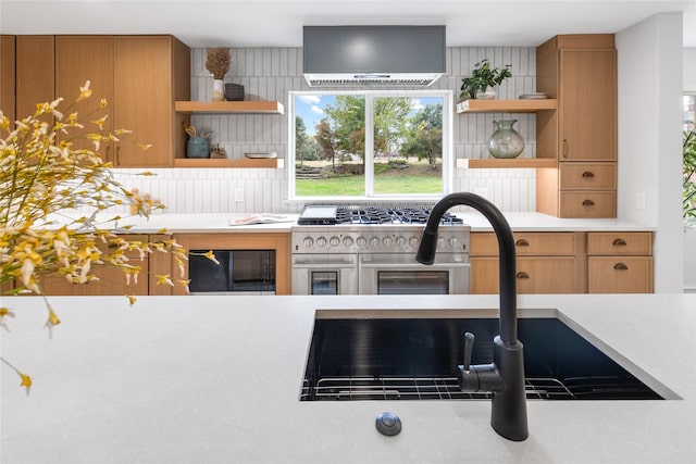 kitchen with backsplash, high end stove, and sink