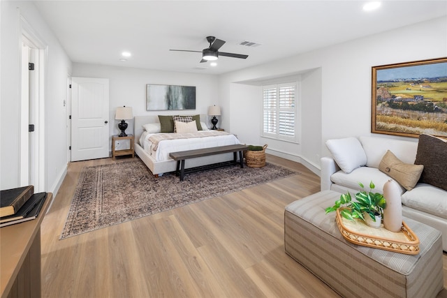 bedroom with ceiling fan and wood-type flooring