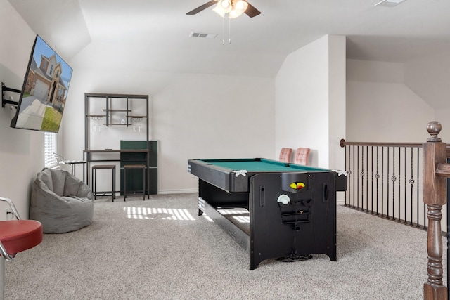 recreation room with light carpet, ceiling fan, vaulted ceiling, and pool table