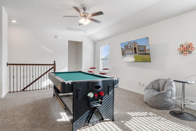 playroom featuring carpet floors, vaulted ceiling, ceiling fan, and pool table