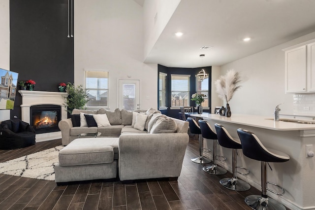 living room with sink, a healthy amount of sunlight, and dark hardwood / wood-style floors