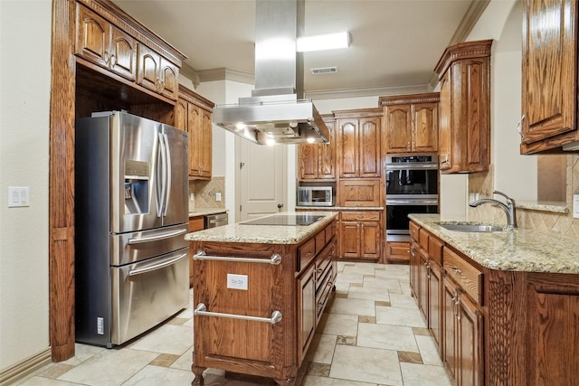 kitchen with backsplash, sink, ornamental molding, appliances with stainless steel finishes, and island range hood