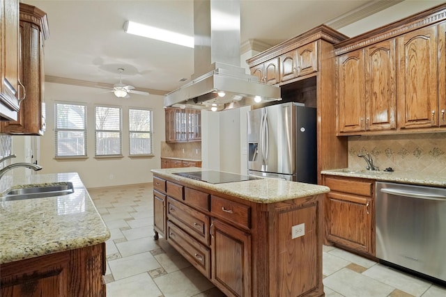 kitchen featuring island range hood, sink, a center island, and stainless steel appliances