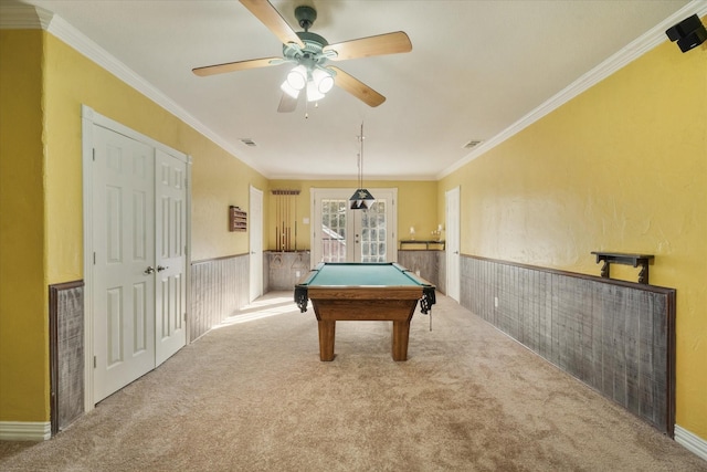 recreation room featuring carpet flooring, crown molding, french doors, and billiards