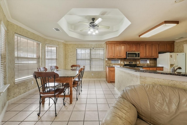 kitchen with stainless steel appliances, a raised ceiling, ceiling fan, crown molding, and light tile patterned flooring