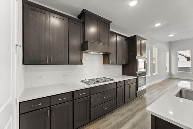 kitchen with tasteful backsplash, dark brown cabinets, stainless steel appliances, and light hardwood / wood-style flooring