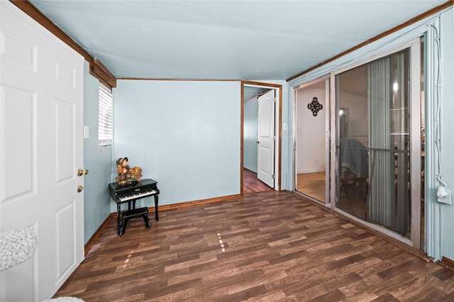 interior space with crown molding and dark hardwood / wood-style flooring