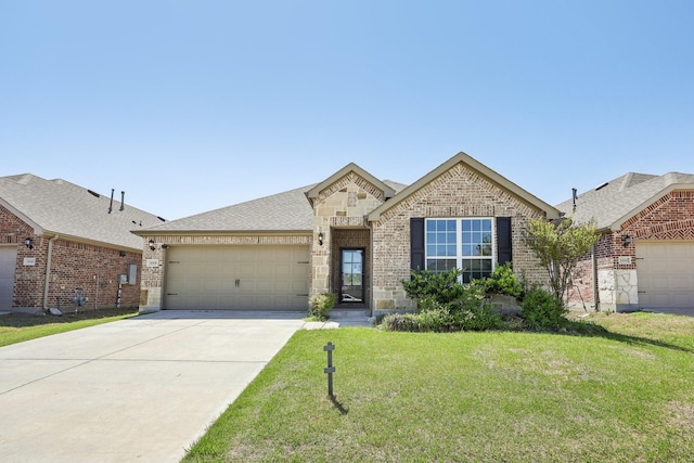 view of front of home featuring a front yard, stone siding, a garage, brick siding, and driveway