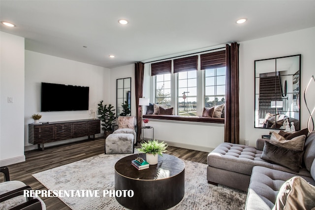 living room with dark hardwood / wood-style floors