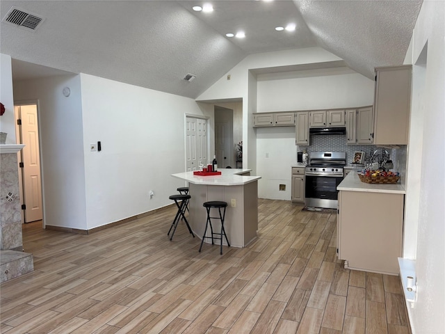 kitchen featuring stainless steel range, light hardwood / wood-style floors, vaulted ceiling, and a kitchen island