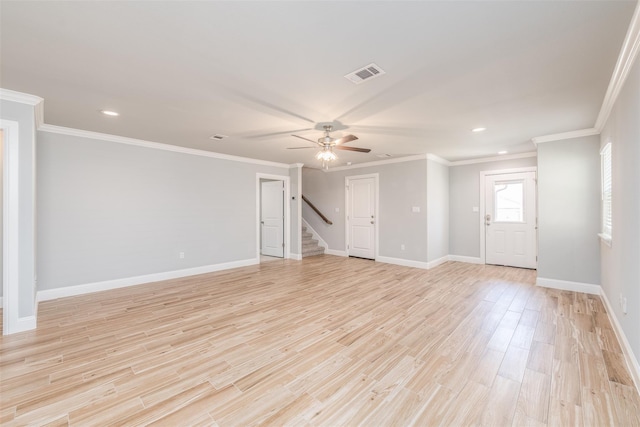 unfurnished living room featuring ceiling fan, light hardwood / wood-style floors, and crown molding