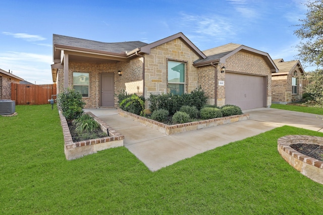 ranch-style home with a front yard, central AC unit, and a garage