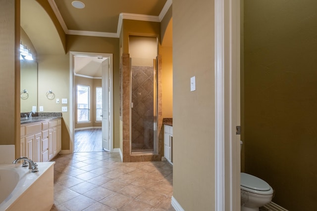 full bathroom with vanity, plus walk in shower, crown molding, tile patterned flooring, and toilet