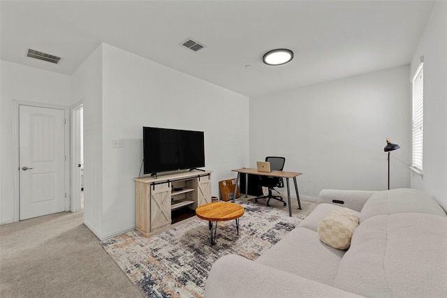 living room featuring light carpet