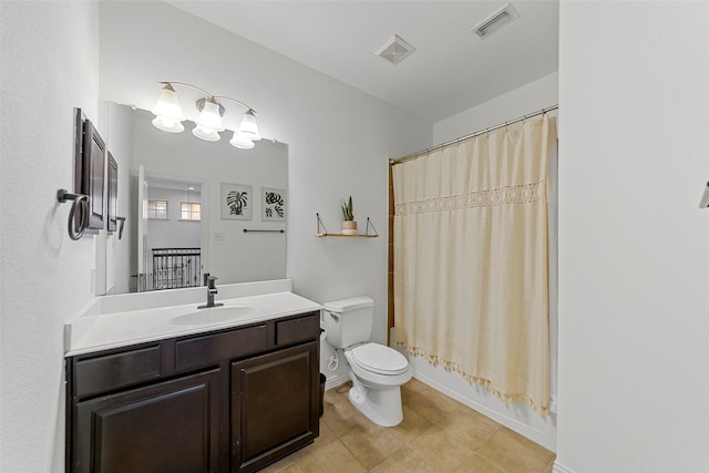 full bathroom featuring vanity, toilet, and shower / bathtub combination with curtain