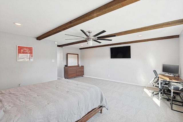 bedroom with light carpet, ceiling fan, and beamed ceiling