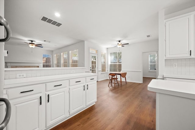 kitchen with white cabinetry, ceiling fan, backsplash, and dark hardwood / wood-style flooring