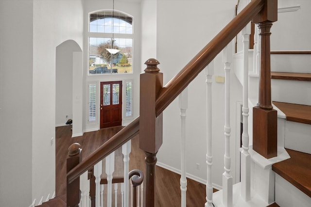 foyer entrance with a towering ceiling and dark hardwood / wood-style flooring