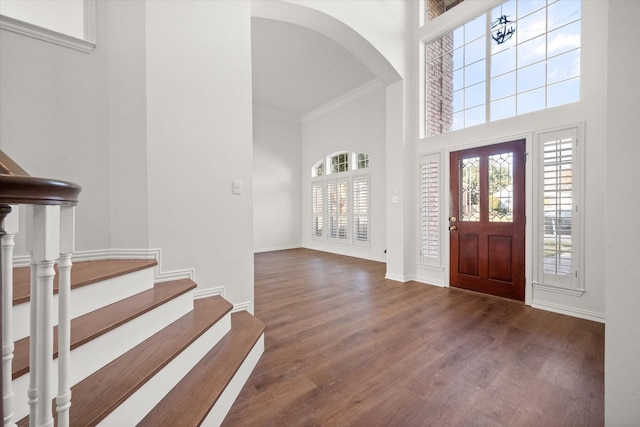 foyer entrance featuring a wealth of natural light, dark wood-type flooring, ornamental molding, and a towering ceiling