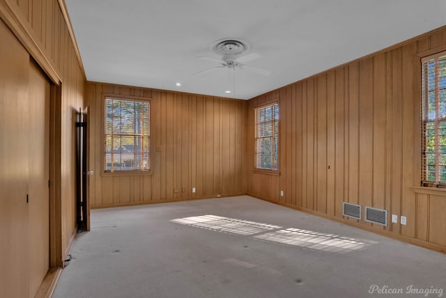 unfurnished room with wood walls, a healthy amount of sunlight, and light colored carpet