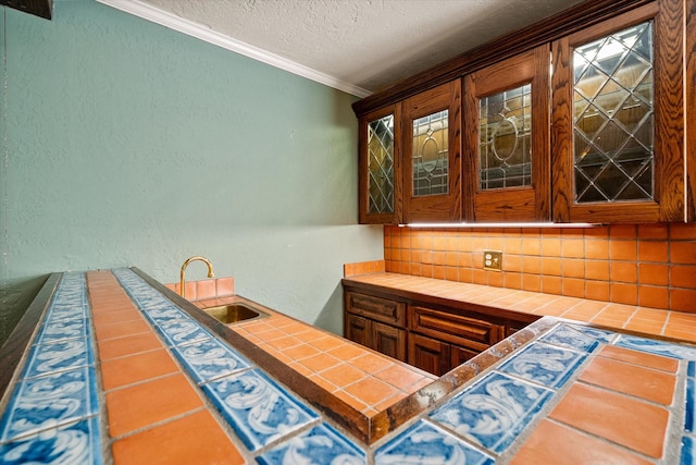interior space with decorative backsplash, a textured ceiling, crown molding, a sink, and a textured wall