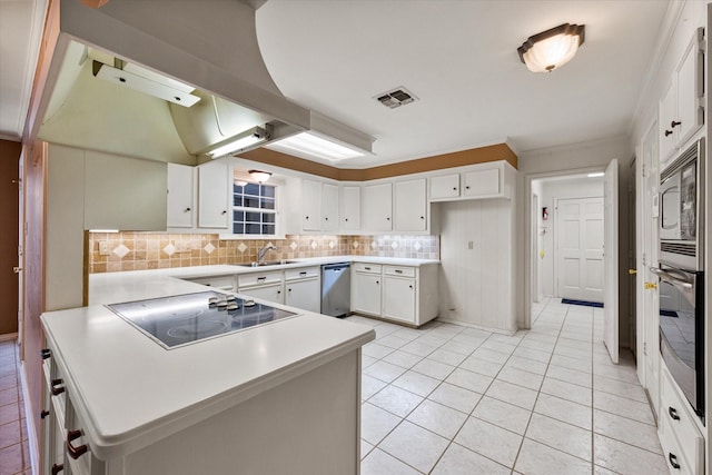 kitchen featuring sink, appliances with stainless steel finishes, tasteful backsplash, white cabinets, and kitchen peninsula