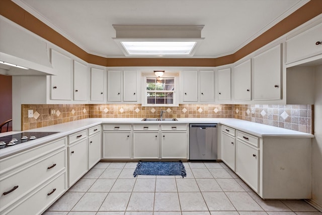 kitchen featuring stainless steel dishwasher, backsplash, white cabinets, and a sink