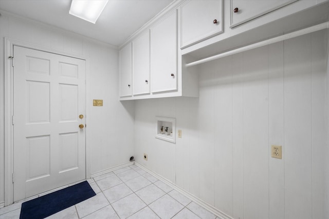 laundry room featuring light tile patterned flooring, cabinets, ornamental molding, hookup for a washing machine, and electric dryer hookup