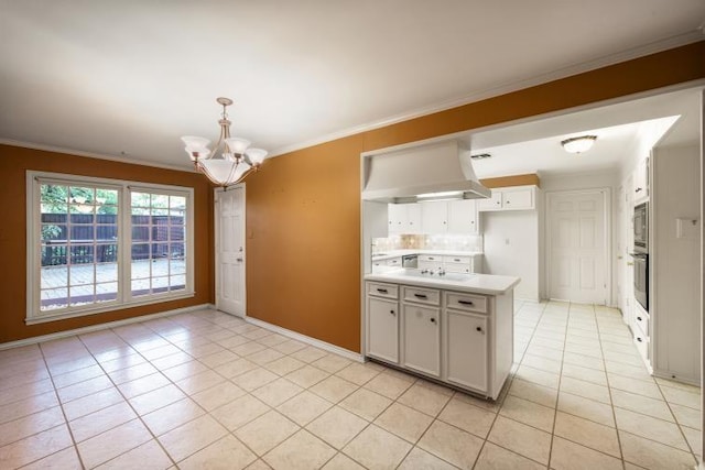 kitchen with oven, light tile patterned flooring, a notable chandelier, extractor fan, and decorative backsplash
