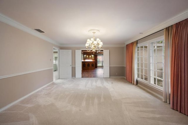 unfurnished dining area with a healthy amount of sunlight, baseboards, crown molding, and a chandelier