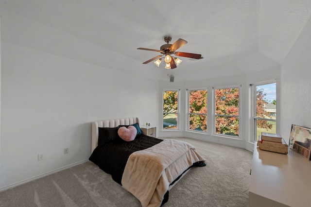 carpeted bedroom with ceiling fan, a tray ceiling, and multiple windows