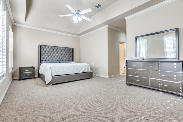 341 Metropolitan Dr, Plano, TX 75023 - carpeted bedroom featuring vaulted ceiling, crown molding, and ceiling fan