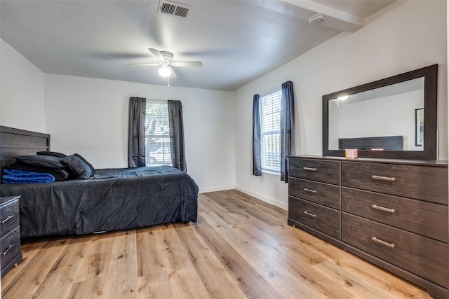 bedroom featuring ceiling fan and light wood-type flooring