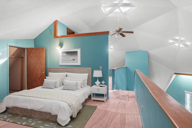 carpeted bedroom featuring ceiling fan and lofted ceiling