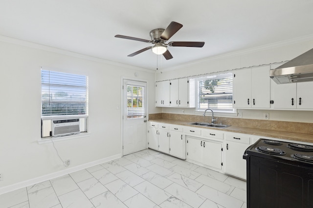 kitchen featuring white cabinetry, sink, electric range, and ornamental molding