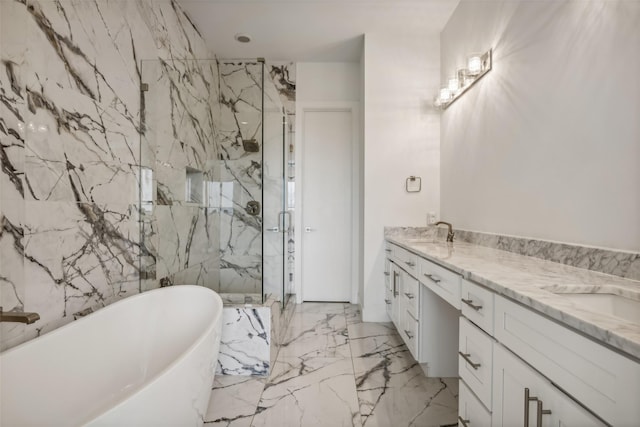 bathroom with vanity and independent shower and bath