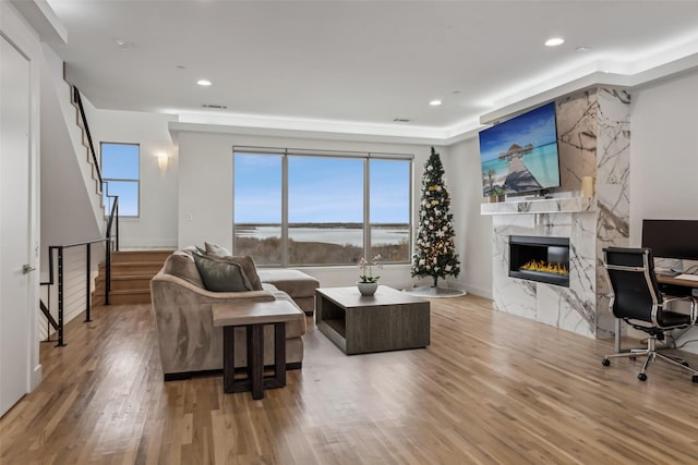 living room with wood-type flooring and a premium fireplace