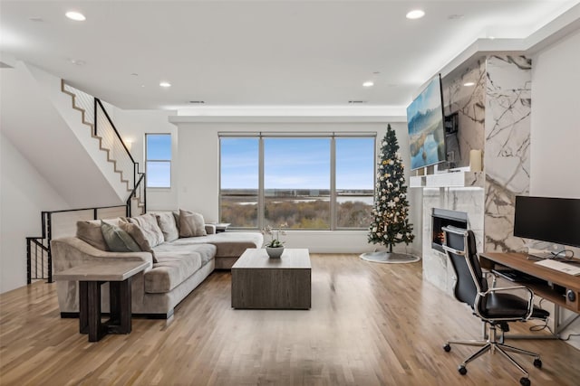 living room with a premium fireplace and light hardwood / wood-style flooring