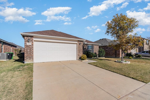 ranch-style home with central AC, a front lawn, and a garage