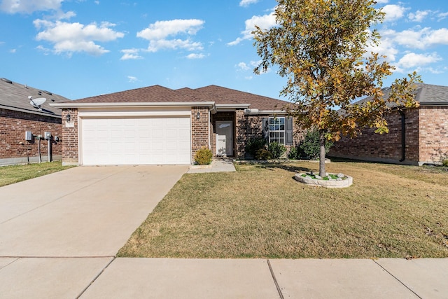 ranch-style house with a garage and a front lawn