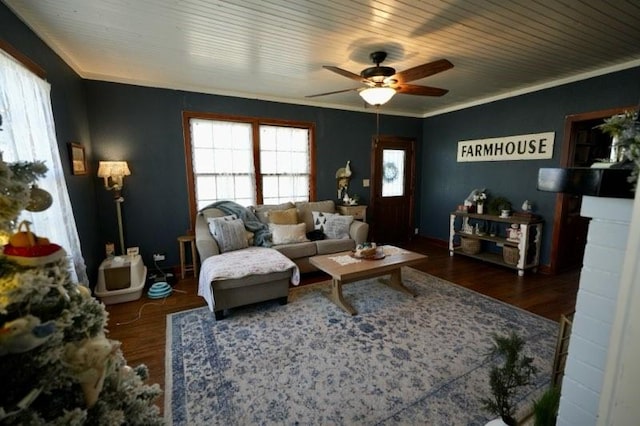 living room with dark hardwood / wood-style floors, ceiling fan, and ornamental molding