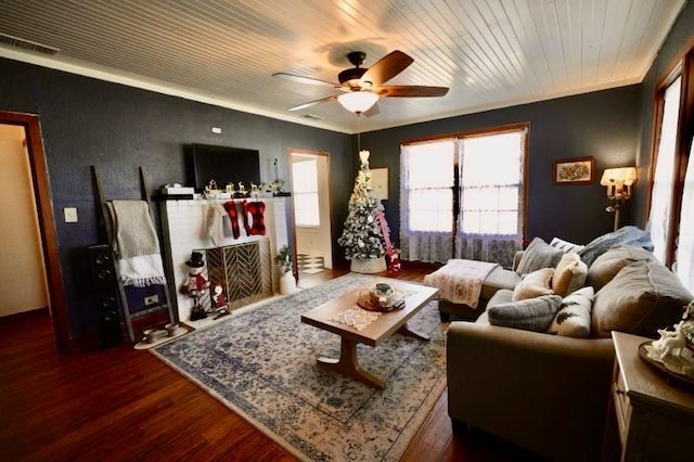 living room featuring wood-type flooring, ceiling fan, and wood ceiling