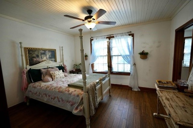 bedroom with crown molding, ceiling fan, dark wood-type flooring, and wood ceiling